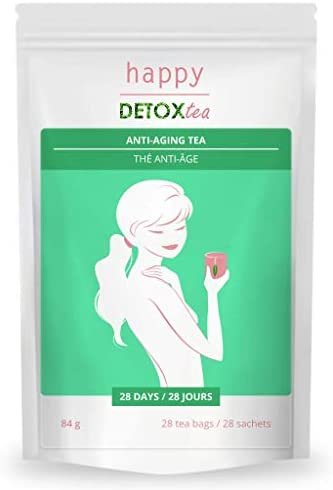Thé beauté et anti-âge – Happy Detox Tea – Cure de 4 semaines – 28 sachets – Boisson naturelle – Sans Sucre – Vegan