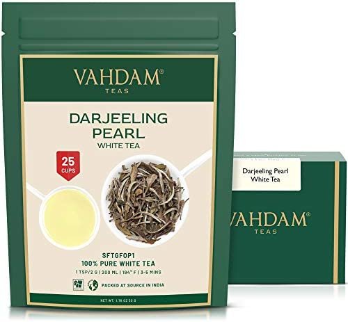 VAHDAM, Darjeeling Imperial Pearl White Tea Leaves – Thé blanc pur non mélangé, Feuilles en vrac – Thé, 50g (25 tasses)