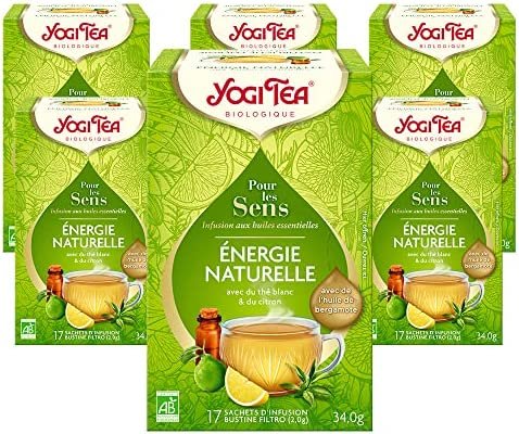 YOGI TEAm, Pour les Sens, Regain D’Énergie, Infusion Bio aux huiles essentielles de bergamote et de citron pétillantes associées à du thé vert et du thé blanc, 102 (6×17) Sachets de Thé