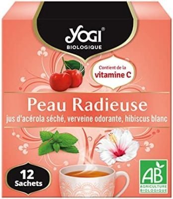Yogi biologique Peau Radieuse, Infusion 100% Bio Jus d&rsquo;Acérola Séché, Verveine Odorante et Hibiscus blanc, 12 sachets thermosoudés et sans agrafes, 24g, 312211