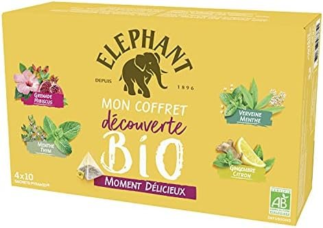 Elephant Mon Coffret Découverte Infusions Bio Moment Délicieux, 4 recettes gourmandes, Grenade Hibiscus, Menthe Thym, Verveine Menthe, Gingembre Citron, 40 Sachets