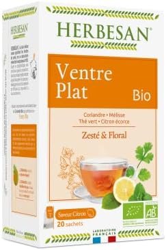 HERBESAN®- INFUSION CORIANDRE VENTRE PLAT BIO Coriandre, Thé vert, Mélisse, Ecorce de citron – 20 sachets