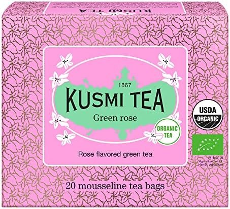 Kusmi Tea – Thé vert bio saveur rose – Boîte thé de 20 sachets mousseline – 40g Kusmi Tea – Thé vert bio saveur rose – Boîte thé de 20 sachets mousseline – 40g