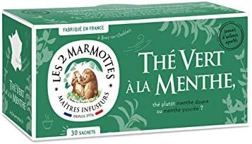 Les 2 Marmottes – Thé Vert BIO à La Menthe 30 sachets – Vitalité et Fraicheur – Pour Le Petit-Déjeuner – Idéal en Glacé – Made In France – Sans arômes ajoutés – 45g