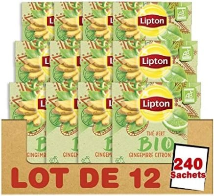 Lipton Thé Vert Biologique Gingembre & Citron Vert, Label Rainforest Alliance 240 Sachets (Lot de 12×20 Sachets)