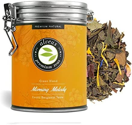 « Morning Melody » Thé Vert Bio goût Mangue Bergamote et Orange en Vrac – (40 Tasses) Boîte 100 Grammes – Idéal en Thé Glacé – par alveus Premium Teas « Morning Melody » Thé Vert Bio goût Mangue Bergamote et Orange en Vrac – (40 Tasses) Boîte 100 Grammes – Idéal en Thé Glacé – par alveus Premium Teas
