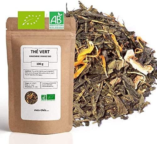 Thé Vert Bio ★ Gingembre Orange ★ Thé Vert Aromatisé ★ Thé Vert en Vrac ★ Sachet 100 grammes avec Zip ★ 40 Tasses ★ 100 % Agriculture Biologique ★ Thé Vert de Qualité ★ Satisfait ou Remboursé ★