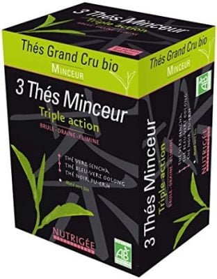 3 THÉS MINCEUR BIO • Brûle • Draine • Elimine • Thé Vert SENCHA • Thé Bleu-Vert OOLONG • Thé Noir PU ERH • MATÉ • 30 Sachets • Fabriqué en France • Nutrigée