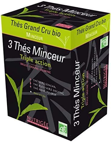 3 THÉS MINCEUR BIO • Brûle • Draine • Elimine • Thé Vert SENCHA • Thé Bleu-Vert OOLONG • Thé Noir PU ERH • MATÉ • 30 Sachets • Fabriqué en France • Nutrigée