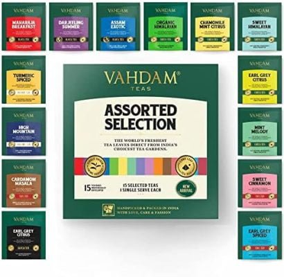 VAHDAM, Meilleur Assortiment De Thé | 15 Sachets De Thé Différents, Coffret Cadeau Assorti | Le Meilleur Du Thé Noir, Du Thé Vert, Du Thé Oolong, De La Tisane Et Du Thé Chai | Assortiment De Thés