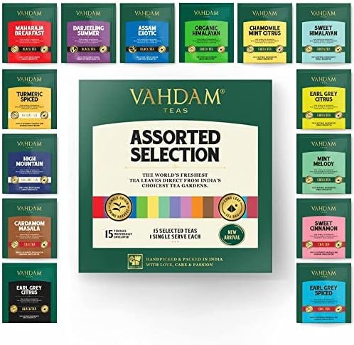 VAHDAM, Meilleur Assortiment De Thé | 15 Sachets De Thé Différents, Coffret Cadeau Assorti | Le Meilleur Du Thé Noir, Du Thé Vert, Du Thé Oolong, De La Tisane Et Du Thé Chai | Assortiment De Thés