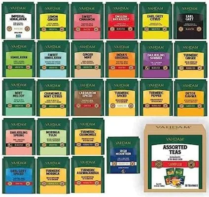 VAHDAM, Meilleur Assortiment De Thés – 50 Sachets | 25 Thés Différents | 2 Sachets De Chaque | Boîte À Thé Variée | Le Meilleur Des Tisanes Noires, Vertes, Oolong, Curcuma, Chai Et Aux Herbes