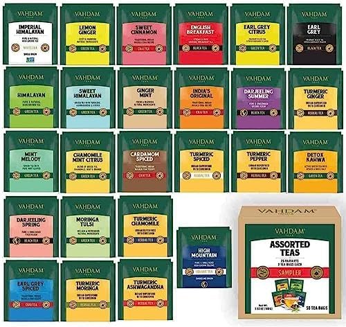 VAHDAM, Meilleur Assortiment De Thés – 50 Sachets | 25 Thés Différents | 2 Sachets De Chaque | Boîte À Thé Variée | Le Meilleur Des Tisanes Noires, Vertes, Oolong, Curcuma, Chai Et Aux Herbes VAHDAM, Meilleur Assortiment De Thés – 50 Sachets | 25 Thés Différents | 2 Sachets De Chaque | Boîte À Thé Variée | Le Meilleur Des Tisanes Noires, Vertes, Oolong, Curcuma, Chai Et Aux Herbes