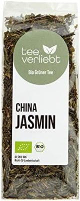 FRUTEG Jasmine de thé vert bio de la Chine | Feuilles de thé vert avec des fleurs de jasmin aromatisées | Goût intense et parfum de jasmin tendre | de l&rsquo;agriculture biologique certifiée | 100g