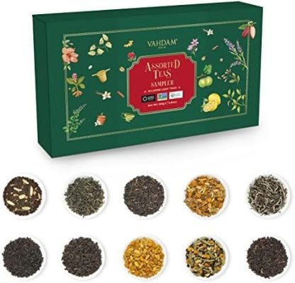 VAHDAM, Assortiment De Thés En Vrac – 10 Thés, 100g – Thé Noir, Thé Vert, Thé Oolong, Thé Chai, Service À Thé Blanc | Assortiment De Thés Variés | Tee Geschenksets Für Damen & Herren
