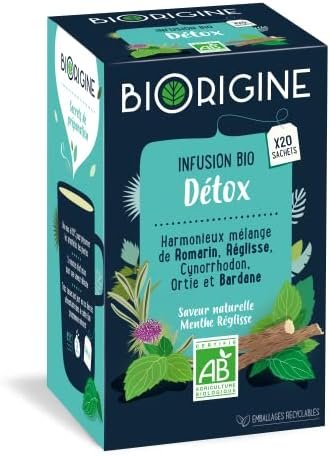 BiOrigine – Infusion bio Détox – Romarin, réglisse & menthe – Ingrédients d’origine naturelle – 20 sachets – 33.4g Bio BiOrigine – Infusion bio Détox – Romarin, réglisse & menthe – Ingrédients d’origine naturelle – 20 sachets – 33.4g Bio