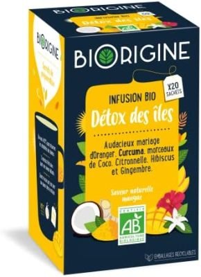 BiOrigine – Infusion bio Détox des Iles – Oranger Curcuma Coco Citronnelle Hibiscus Gingembre – Saveur naturelle fruits exotiques – Produit naturel – 20 sachets