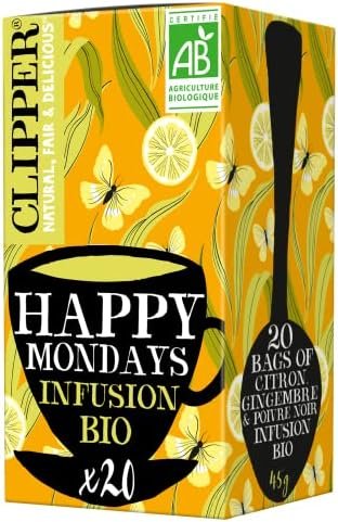 CLIPPER – Infusion Bio – Happy Mondays – Citron, Gingembre & Poivre Noir – 20 Sachets d&rsquo;Infusion Bio – 1 paquet