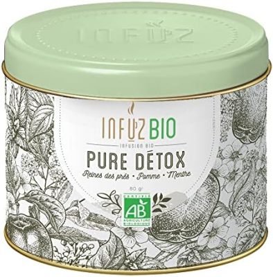 Infuz BIO– PURE DETOX – Infusion en vrac bio pour éliminer les toxines – Reine des Prés, Pomme & Menthe – Fabriqué en France – 80g