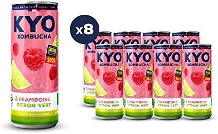 KYO Lot de 8 Canettes 33cl Kombucha Framboise citron vert – Pétillant – faible en sucre