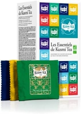 Kusmi Tea – Coffret Les Essentiels Bio – Idée Cadeau – Prince Vladimir, Anastasia, BB Detox, Thé vert à la menthe, AquaRosa, AquaSummer, Tropical White – 24 Sachets Mousseline