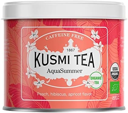 Kusmi Tea – Infusion Bio AquaSummer -Hibiscus et de Fruit Saveur Pêche et Abricot – A Déguster Chaud ou Glacé – Infusion de Fruits sans Théine, en Vrac – Boîte en Métal de 100g