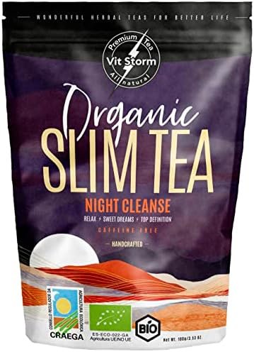 SLIM TEA Night Cleanse – Bio – Tisane Detox – Thé relaxant Anti Stress – Digestion – Anti Ballonnements – Rooibos, Valériane, Fenouil, Badiane, Pissenlit, Cardamome, Infusion en Vrac 100g – VITSTORM