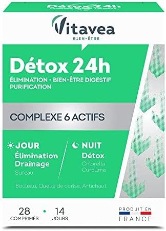 Vitavea – Complément alimentaire Détox 24h Jour & Nuit – Elimination Digestion Drainage – Sureau Chlorella Curcuma Bouleau Queue de cerise Artichaut – 28 comprimés – Fabriqué en France