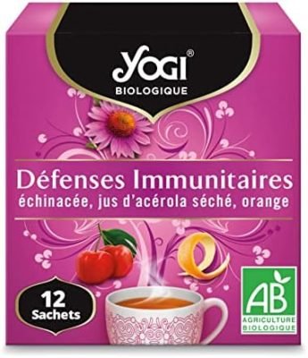 Yogi Biologique Défenses Immunitaires, Infusion 100% Bio Échinacée, Jus d&rsquo;Acérola séché et Orange, 12 Sachets thermosoudés et sans agrafe, 24 g, 311011
