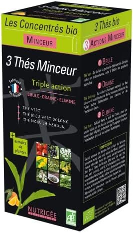 3 Thés Minceur • Boisson concentrée BIO • Triple Action : BRÛLE – DRAINE – ÉLIMINE • 3 Thés Bio (Vert, Bleu-Vert, Noir) + 9 Plantes BIO • Goût Agrumes • Fabriqué en France • Nutrigée 3 Thés Minceur • Boisson concentrée BIO • Triple Action : BRÛLE – DRAINE – ÉLIMINE • 3 Thés Bio (Vert, Bleu-Vert, Noir) + 9 Plantes BIO • Goût Agrumes • Fabriqué en France • Nutrigée
