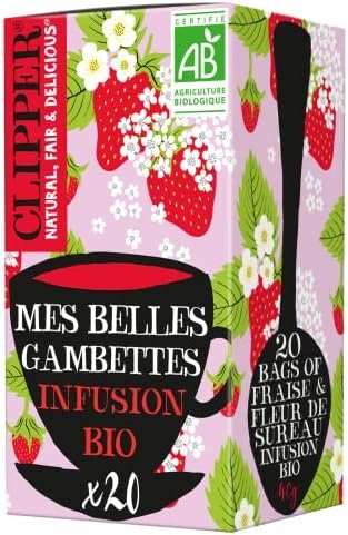 CLIPPER – Infusion Bio – Mes Belles Gambettes – Fraise & Fleur de Sureau – 20 Sachets d’Infusion Bio – 1 paquet CLIPPER – Infusion Bio – Mes Belles Gambettes – Fraise & Fleur de Sureau – 20 Sachets d’Infusion Bio – 1 paquet