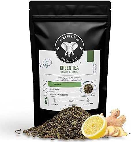 Edward Fields Tea ® – Thé Vert Sencha BIO en vrac avec Gingembre et Citron. Feuilles de thé vert biologique recueilli à la main avec des ingrédients naturels et écologiques, 100g. China.