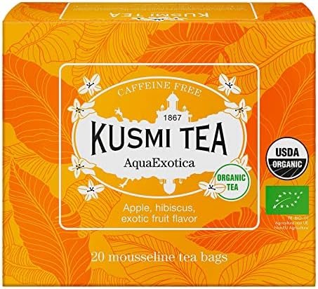 Kusmi Tea – Infusion Bio AquaExotica – Mélange d&rsquo;Hibiscus et de Pomme Aromatisé Fruits Exotiques – Infusion sans Théine Fruitée et Gourmande, à Déguster Chaud ou en Thé Glacé – 20 Sachets Mousseline