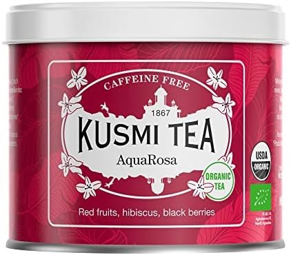 Kusmi Tea – Infusion Bio AquaRosa – Mélange Aromatisé d&rsquo;Hibiscus, Baies Noires, Fruits et Plantes – Infusion sans Théine, Fruitée et Gourmande, à Déguster Chaud ou en Thé Glacé – Boîte Thé Métal 100 g