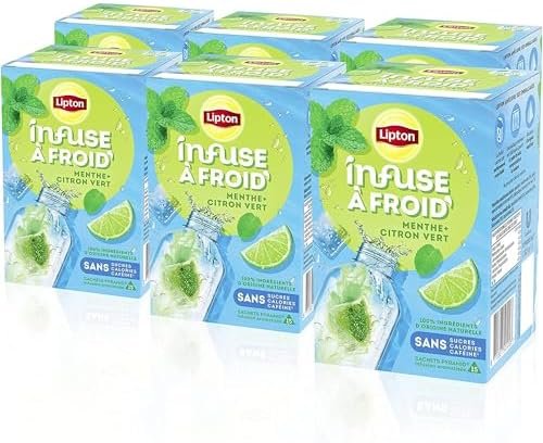 Lipton Infuse À Froid Citron & Menthe, Eau Froide Infusée, Boisson D&rsquo;Été Rafraichissante, Aromatisée Healthy, Infusion Mojito 90Sachets Pyramid (Lot De 6X 15 Sachets) ,