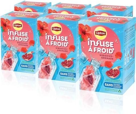 Lipton Infuse à Froid Grenade Hibiscus, Boisson d&rsquo;été rafraichissante, Eau aromatisée healthy, 90 sachets Pyramid (Lot de 6x 15 Sachets)