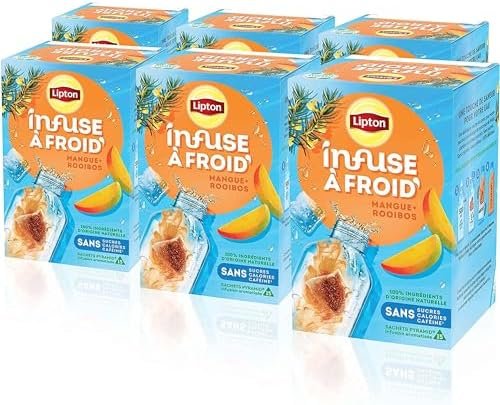 Lipton Infuse à Froid Mangue Rooibos, Boisson d&rsquo;été rafraichissante, Eau aromatisée healthy, 90 sachets Pyramid (Lot de 6x 15 Sachets)