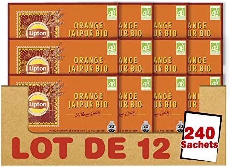 Lipton Sir Thomas Thé Noir Biologique Orange Jaipur, Label Rainforest Alliance 240 Sachets (Lot de 12×20 Sachets)