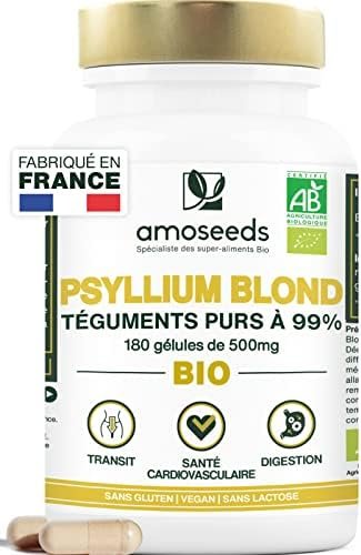 Psyllium Blond BIO, Téguments purs à 99% | 3000mg par jour | 180 gélules de 500mg | Transit, Digestion, Cœur | Qualité Supérieure