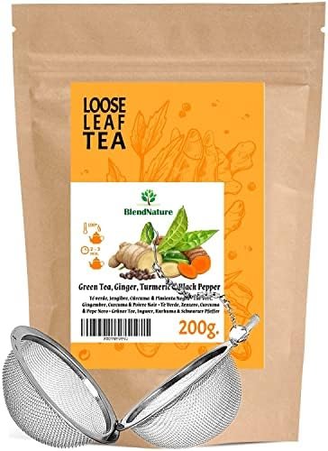Thé vert au Gingembre-Curcuma et Poivre pour infusion 200g + Cadeau Boule Infuseur Inox – Idéal pour le Thé DETOX Purifiant Diurétique et Antioxydant – 100% Naturel et Vegan