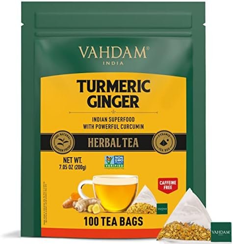 VAHDAM, Thé Curcuma Gingembre (100 Sachets de Thé en Pyramide) Sans Caféine, 100% Épices Authentiques – Curcuma, Gingembre | Infusion Tisane