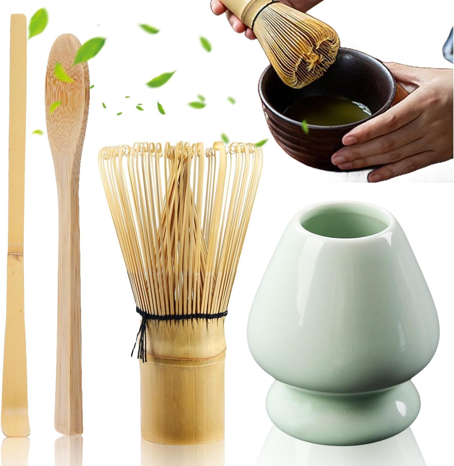 Ensemble à thé matcha avec fouet à matcha, porte-balai, 2 Ensemble à thé matcha avec fouet à matcha, porte-balai, 2 cuillères à café, accessoires japonais pour la cérémonie du matcha, kit parfait pour la préparation