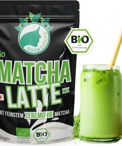 NanaNatura&rsquo;s Instant Bio Matcha Latte en Poudre BIO avec Matcha de Cérémonie du Japon 250 g – à déguster chaud ou froid